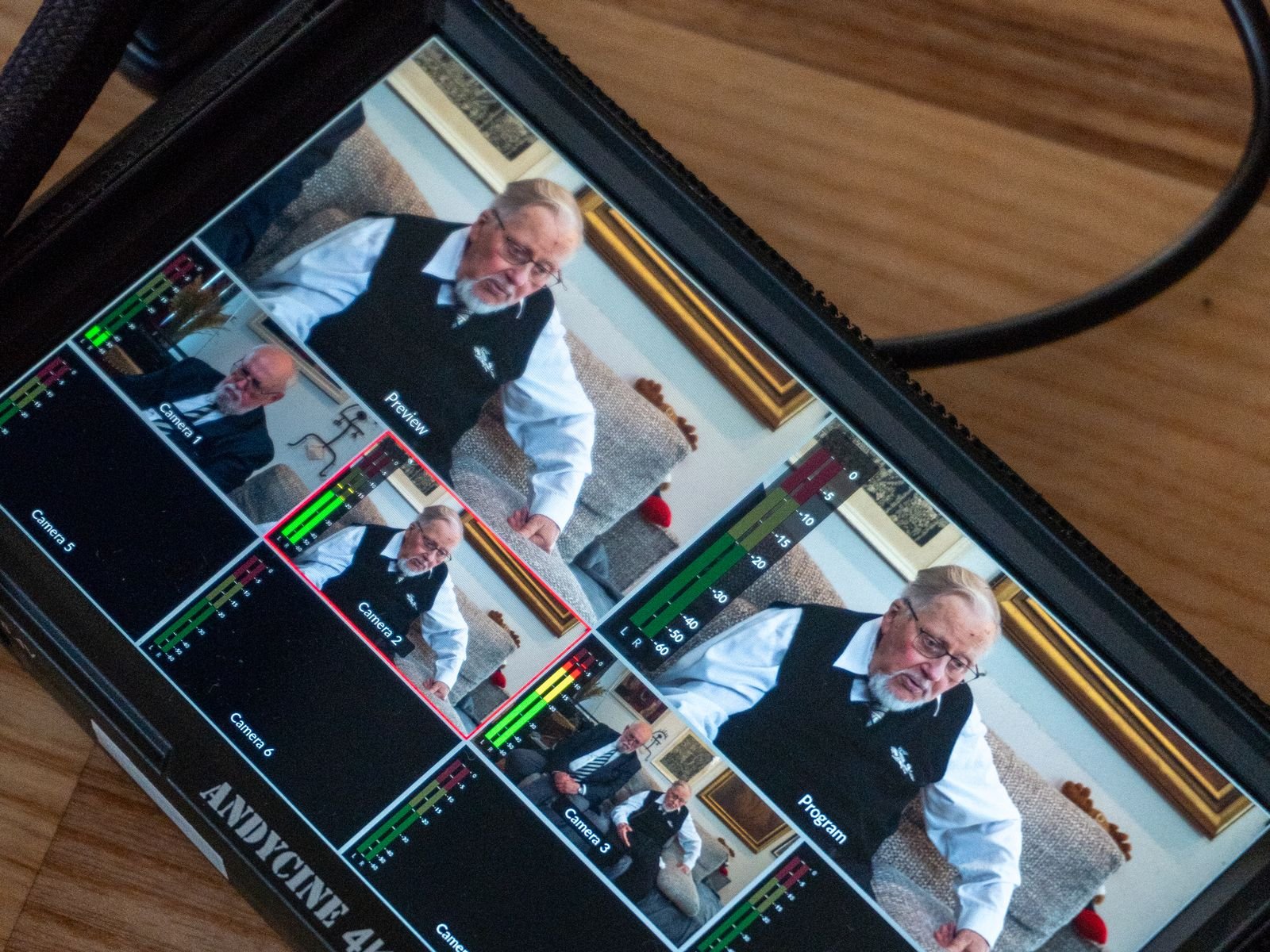 A four-camera video switcher during an on-location shoot